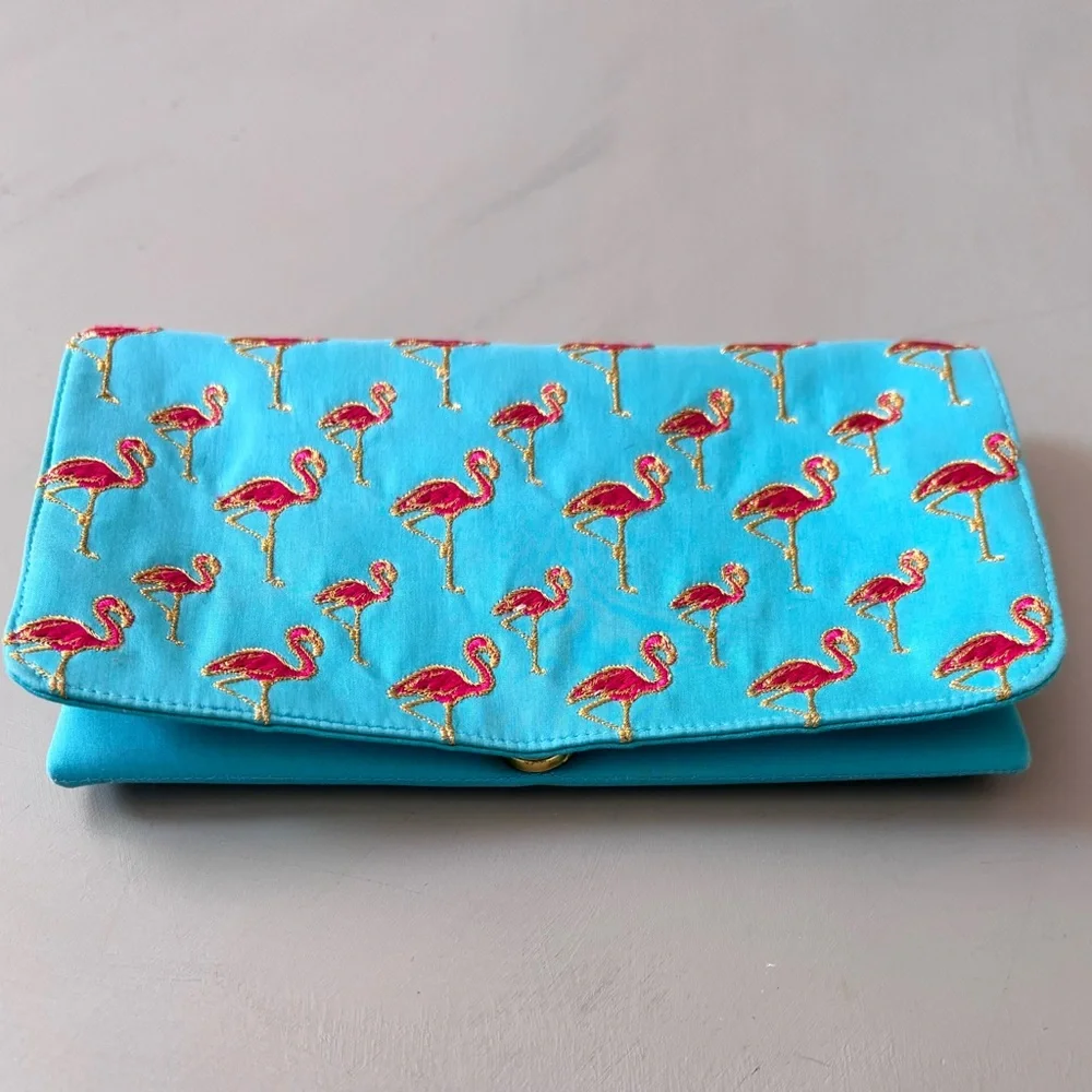 SHIRALEAH CHICAGO Satin Embroidered Flamingo Clutch Gold Chain Shoulder Bag - Picture 6 of 10